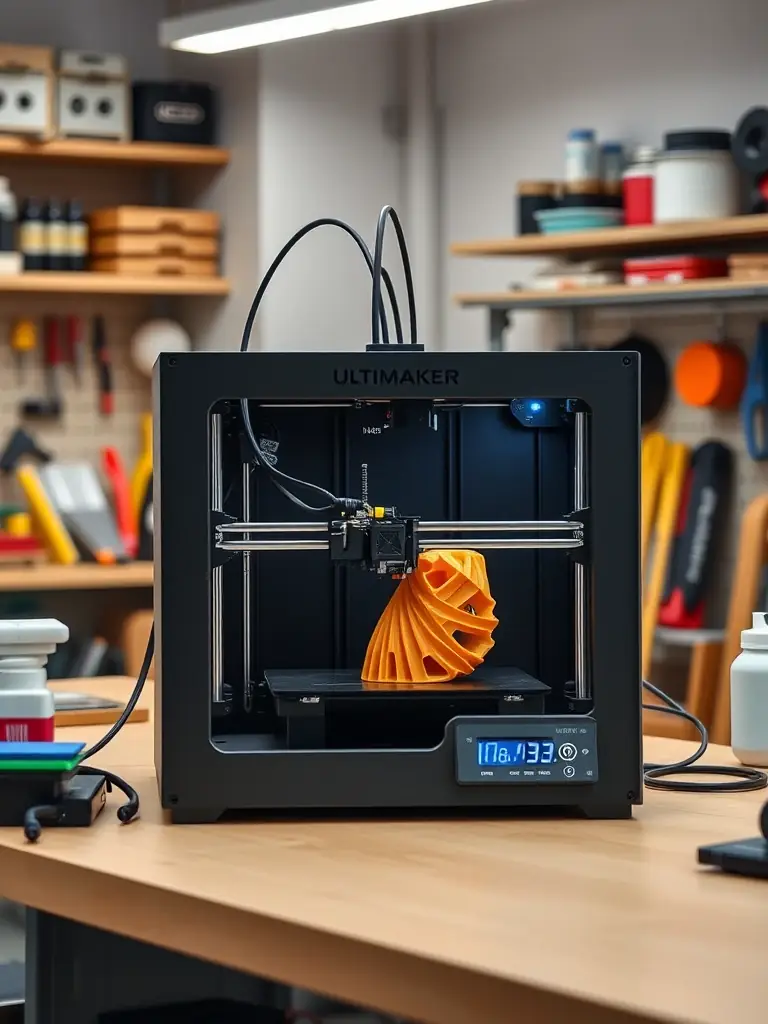An image showcasing the dual extrusion system of the Ultimaker S3 3D printer, with two different colored filaments being used to create a complex multi-material print, set in a modern workshop environment.
