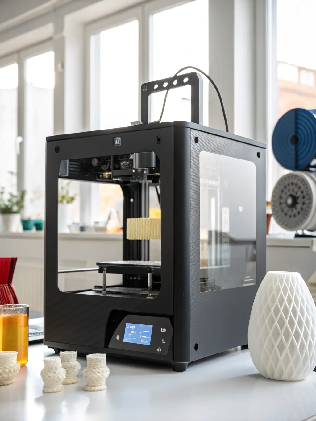 A close-up image of the high-resolution LCD screen and user interface of a premium resin 3D printer, showcasing its intuitive controls and advanced settings, set in a well-lit studio.