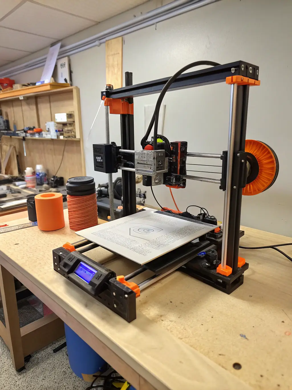 A detailed close-up shot of the Prusa i3 MK3S+ 3D printer, highlighting its advanced features such as the filament sensor and auto-leveling system, set against a clean, professional background.