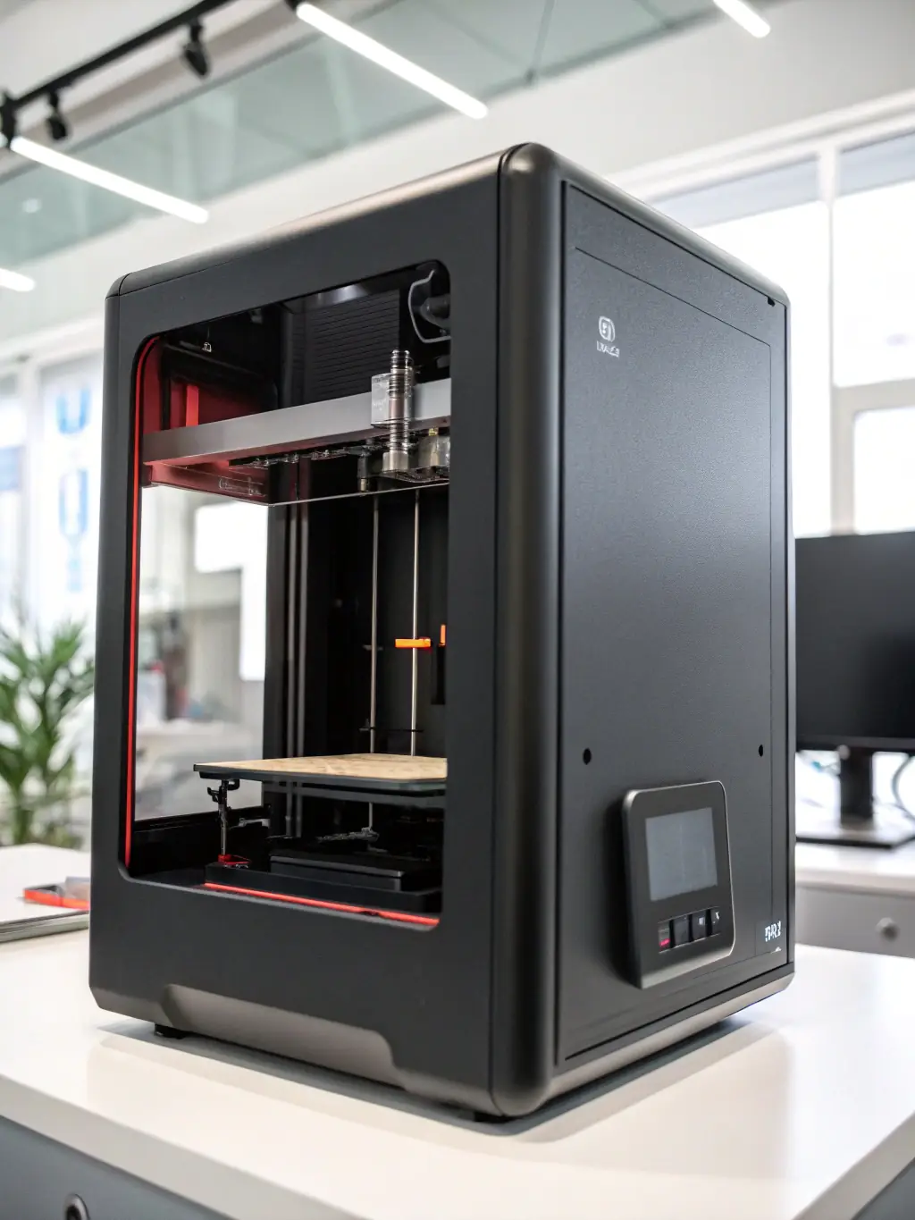 An image highlighting the robust build quality and enclosed chamber of a high-end 3D printer, emphasizing its ability to maintain consistent temperatures for optimal printing, set in a controlled lab environment.